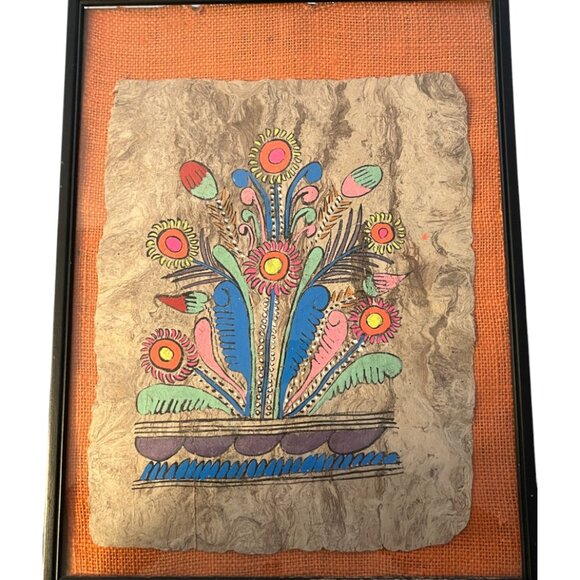 Vintage Mexican Amate Bark Painting – Floral Hand-Painted FOLK ART w/ Burlap Mat - Picture 15 of 16